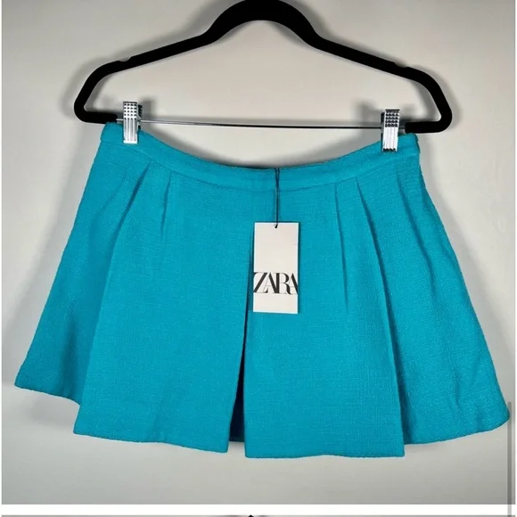 Zara NWT tweed  blue mini pleated skort / skirt with built in hidden shorts - Picture 10 of 12